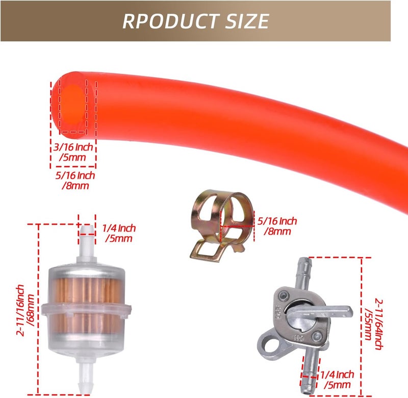XYRVICT 3/16 Fuel Line 10 Feet Gas Hose Tube with 1/4 Fuel Shut Off Valve 1/4 Fuel Filters Clamps for Kawasaki for Honda for Stratton Lawn Mower Marine Weedeater Generator Go-Karts ATV Small Engine (Red) - Image 4